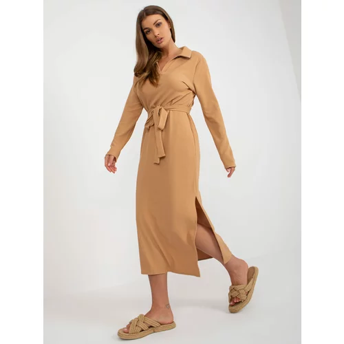 Fashionhunters Camel ribbed midi dress