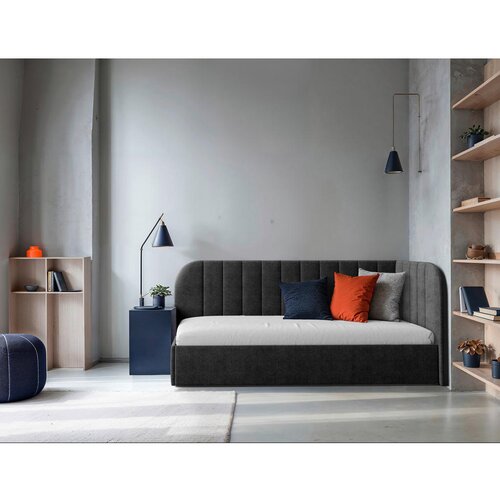 MID.YOU OBLAZINJENA POSTELJA 90 cm x 200 cm , les, tekstil, leseni material temno siva Slike