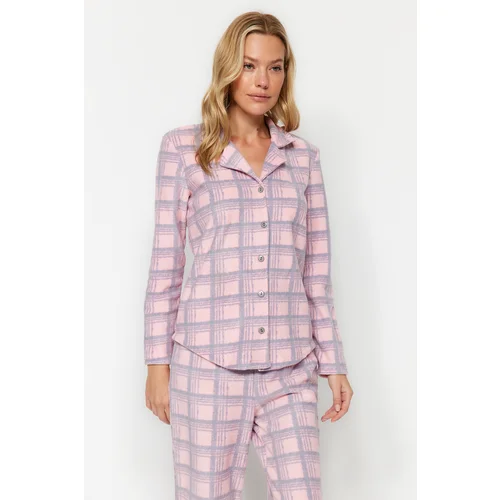 Trendyol Pink Multicolored Fleece Checkered Shirt-Pants Knitted Pajamas Set