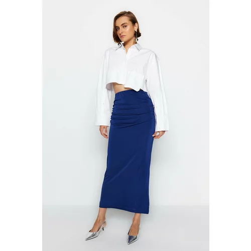 Trendyol Navy Blue Premium with a Glossy Finish and Soft Textured Draping Maxi Knitted Skirt