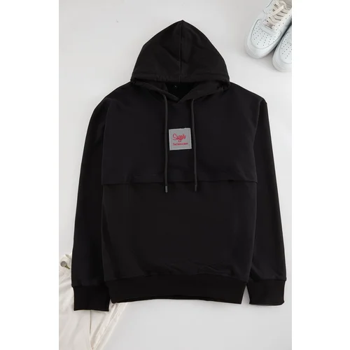 Trendyol Black Regular Cut Label and Stitch Detailed Hooded Sweatshirt