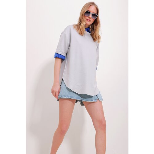 Trend Alaçatı Stili Women's Gray Crew Neck Oval Cut Modal T-Shirt Cene