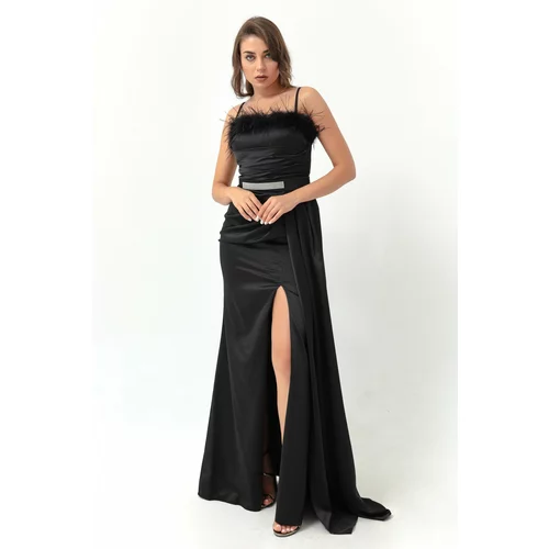 Lafaba Women's Black Long Satin Evening Dress with Rope Straps and Stones and a Belt