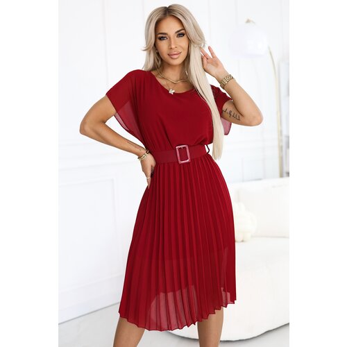 numoco basic 465-5 MIA Pleated Chiffon Midi Dress with Wide Belt - Burgundy Cijene