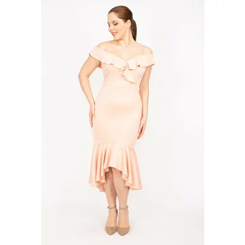 Şans Women's Salmon Plus Size Collar And Skirt Flounce Strapless Dress