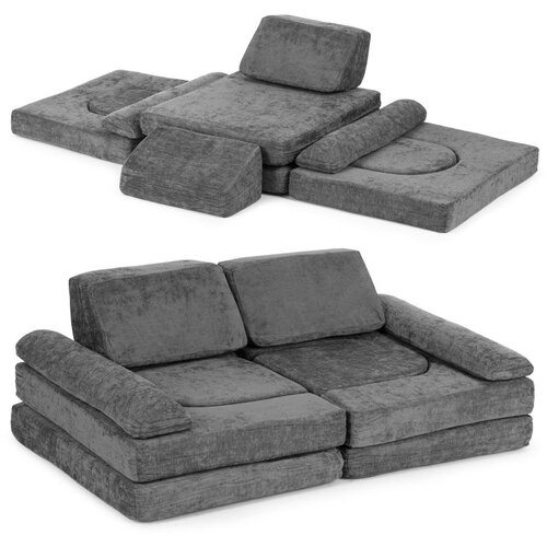 ECO TOYS dječja modularna sofa &amp;ndash; siva chenille tkanina, sklopiva, 10 mekanih jastuka, za 2 osobe Slike