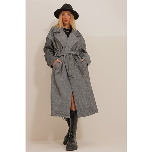 Trend Alaçatı Stili Women's Black Double Breasted Waist Belted Herringbone Patterned Cachet Coat Slike