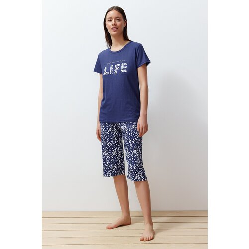 Trendyol Blue Motto Printed Ribbed Capri Knitted Pajamas Set Slike