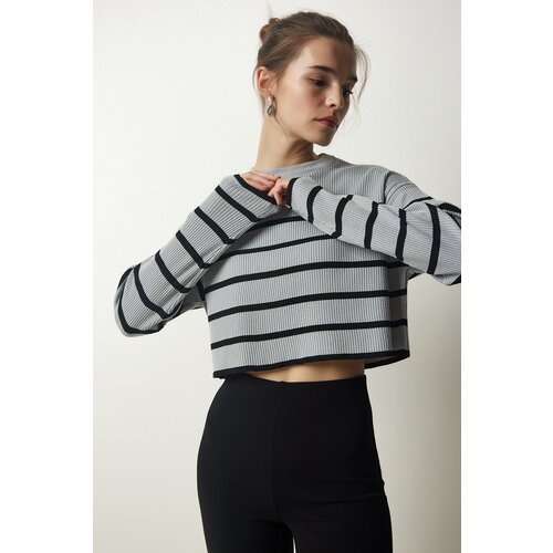 Happiness İstanbul Women's Gray Ribbed Striped Crop Knitwear Sweater Slike