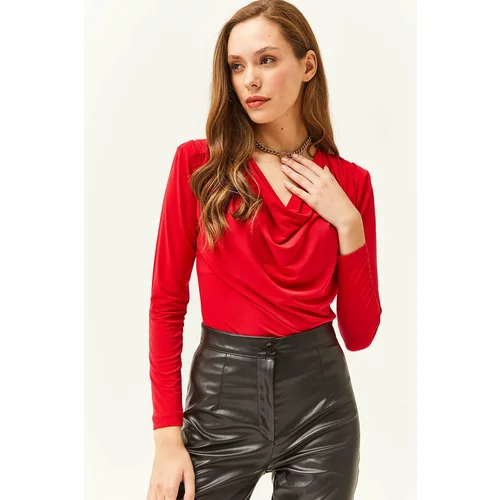 Olalook Women's Red Waistband Pleated Roll Up Collar Blouse