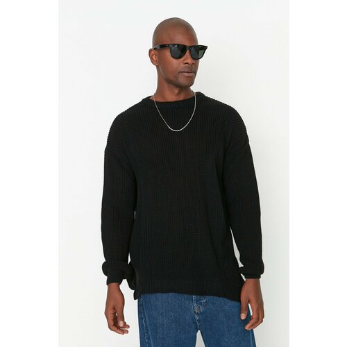 Trendyol Black Oversize Fit Wide Fit Crew Neck Slit Knitwear Sweater Cene