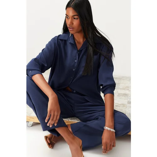 Trendyol Navy Blue Modal Blend Shirt and Trousers Woven Bottom-Top Set