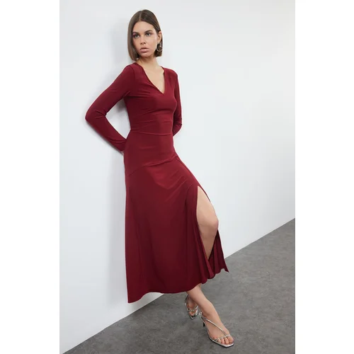 Trendyol Burgundy Straight V-Neck Skirt Flounced Skater/Flexible Maxi Knitted Dress