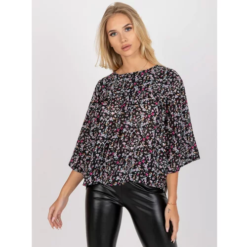 Fashion Hunters Black loose blouse with a floral print ZULUNA
