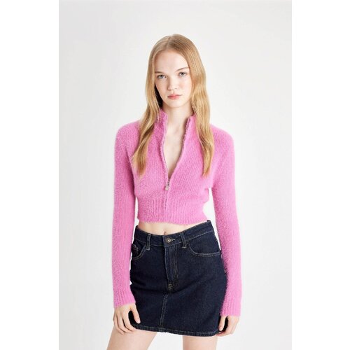 Defacto Coool Crop Basic Plain Zipper Stand Collar Knitwear Cardigan Slike