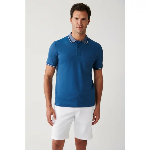 Avva Men's Indigo Non-Curling Collar Pocket Standard Fit Regular Cut 2-Button Polo Collar T-shirt