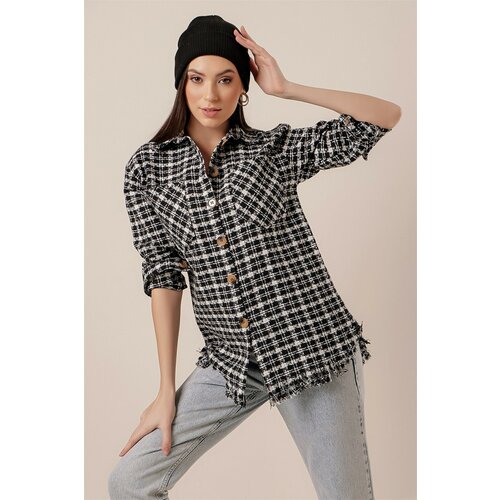 By Saygı Shanel Checkered Shirt with Tassels Skirt Black Slike