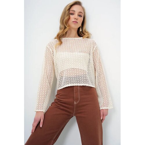 Trend Alacati Stili Ženska bluza dugih rukava Alc-X13788, Brod izrez, Krem Slike