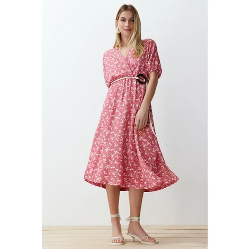 Trendyol Pink Printed Accessory Belt Detailed Gathered Flexible Knitted Dress