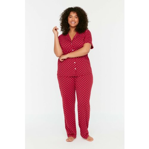 Trendyol Curve Claret Red Printed Knitted Pajamas Set Cene