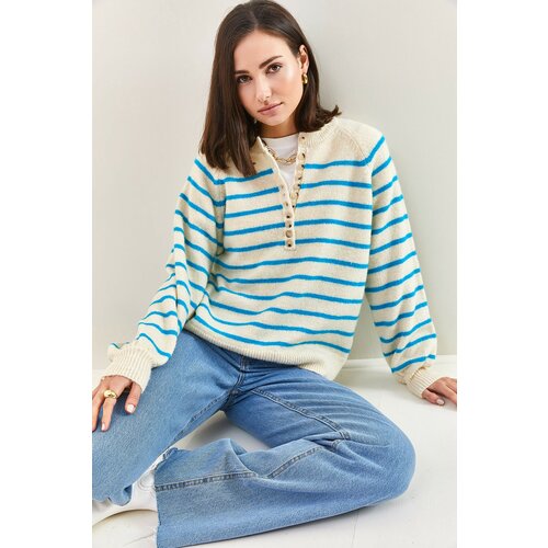 Bianco Lucci Women's Button-down Collar Turtleneck Striped Knitwear Sweater Slike