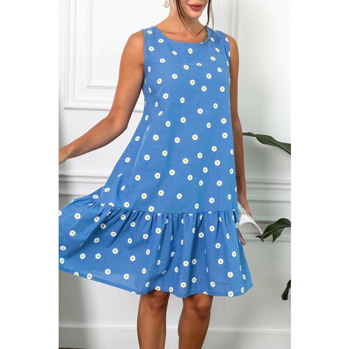 armonika Women's Blue Daisy Pattern Sleeveless Skirt with Ruffle Frilled Dress Slike