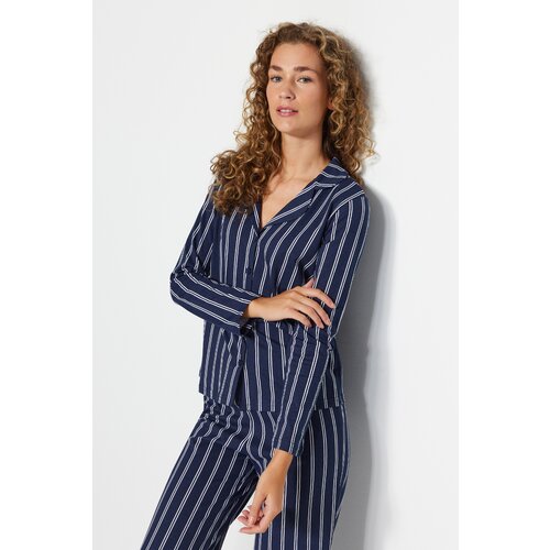 Trendyol Indigo 100% Cotton Striped Shirt-Pants Knitted Pajamas Set Slike