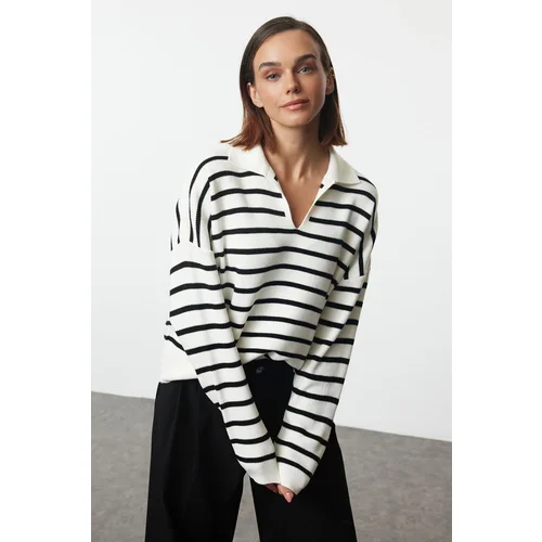 Trendyol Ecru Wide Pattern Polo Collar Striped Knitwear Sweater