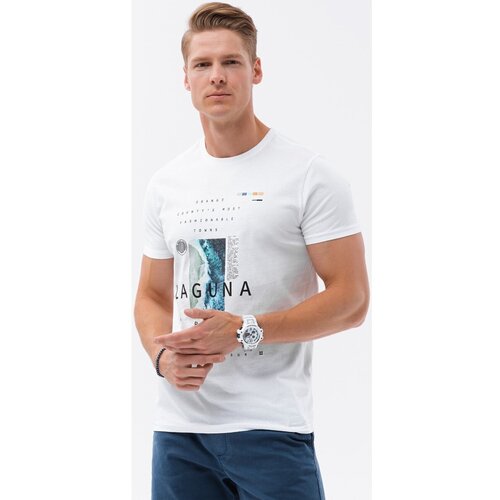 Ombre Majice s kratkimi rokavi T-shirt męski bawełniany z nadrukiem - biały V1 S1737 pisana Slike