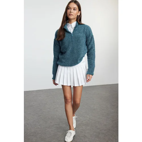 Trendyol Blue Boucle Yarn Zippered High Collar Knitwear Sweater