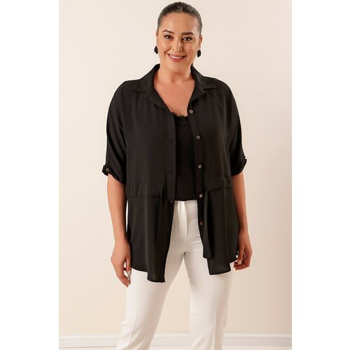 By Saygı Belted Waist With Buttons In The Front Plus Size Ayrobin Tunic Shirt Black Slike
