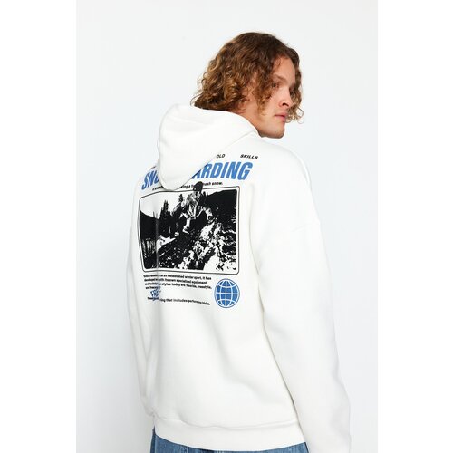 Trendyol Men&amp;#039;s Ecru Oversized Hooded Fluffy Ski Printed Pile Cotton Sweatshirt with Soft Inside. Slike