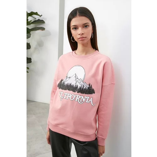 Trendyol Pink Long Sleeve Crew Neck Printed Knitted Sweatshirt
