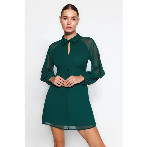 Trendyol Emerald Green Button Detail Lined Chiffon Mini Woven Dress