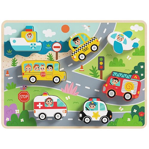 Tooky Toy drvena slagalica montessori vozila auti avion brod grad spajanje oblika Cijene