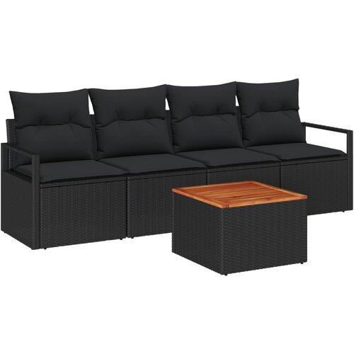 VidaXL 5-dijelni set vrtne sofe s jastučićima crnog poli ratana akacije, 2-sjedna vrtna sofa s jastučićima crnog poli ratana Slike