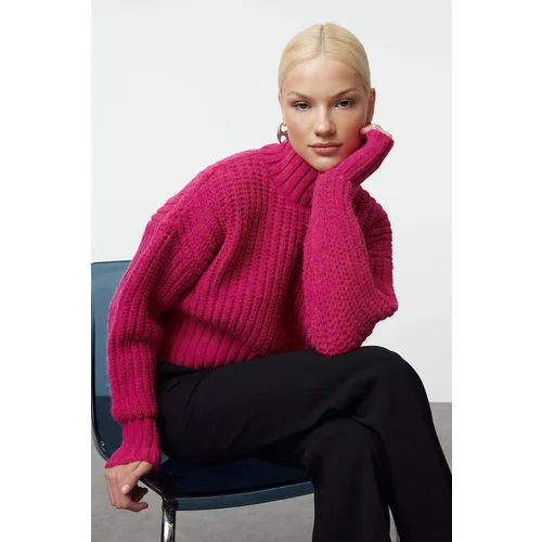 Trendyol Fuchsia Crop Soft Textured Basic Thick Knit Detailed Knitwear Sweater