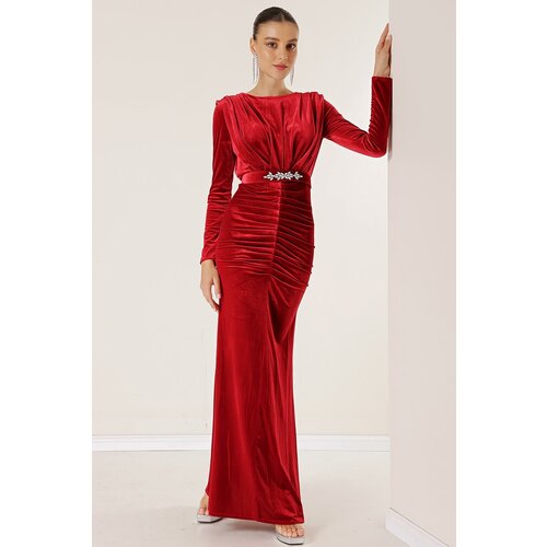 By Saygı Long Velvet Dress with Front Pleated Belt Slike