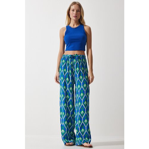 Happiness İstanbul women's blue green patterned flowing viscose palazzo trousers Slike