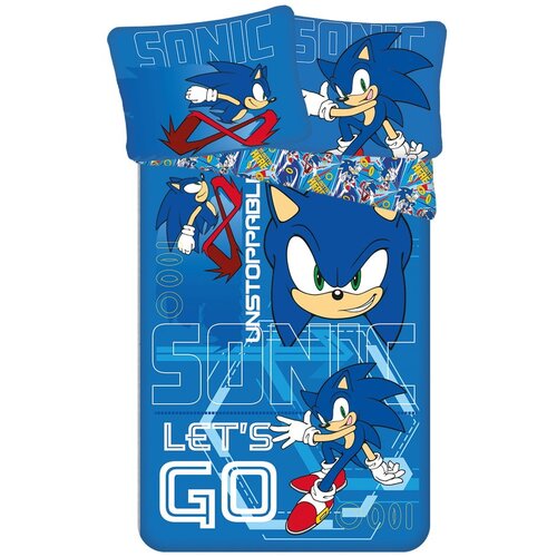 Jerry Fabrics Modra enojna bombažna otro&amp;scaron;ka posteljnina 140x200 cm Sonic &amp;quot;Let&amp;acute;s go&amp;quot; &amp;ndash; Slike