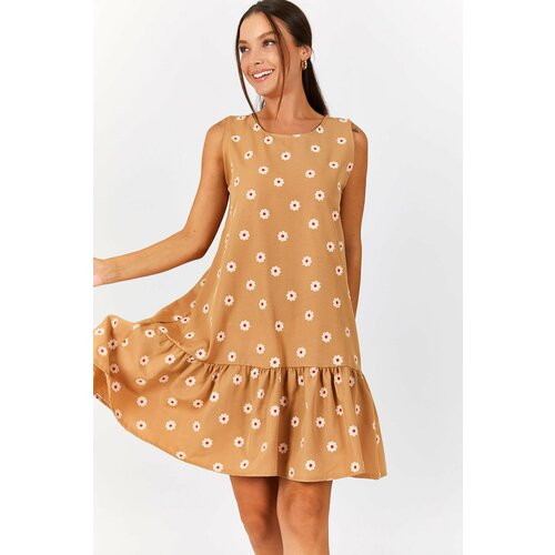armonika Women's Beige Daisy Pattern Sleeveless Skirt with Frills Dress Cene