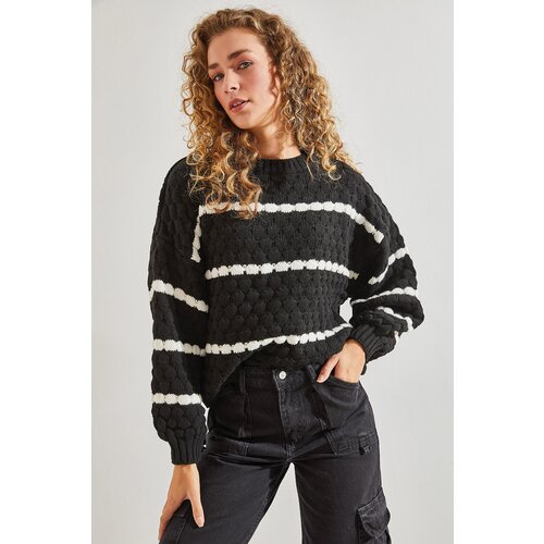 Bianco Lucci Women's Striped Balloon Sleeve Honeycomb Knitted Sweater Slike