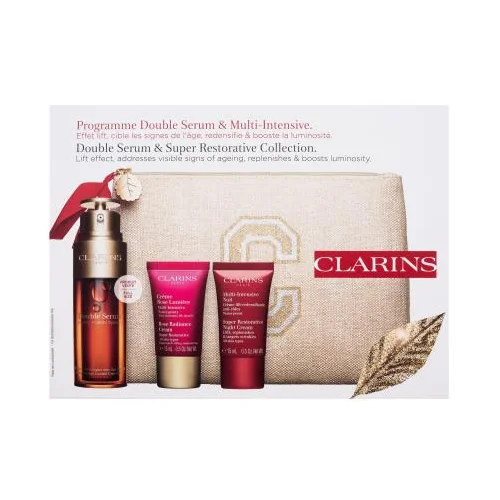 Clarins Double Serum & Super Restorative Collection Set serum za obraz Double Serum Complete Age Control Concentrate 50 ml + krema za obraz Rose Radiance Cream 15 ml + nočna krema Super Restorative Night Cream 15 ml + ekološka kozmetična torbica za ženske