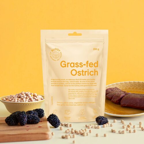 Buddy_Pet_Foods Buddy Grass Fed Ostrich poluvlažne poslastice za pse, nojevo meso i kupina Slike
