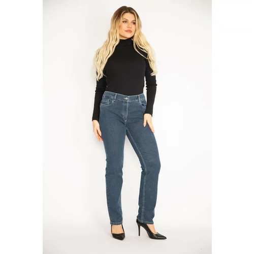 Şans Women's Large Size Navy Blue Back Belt Elastic 5 Pocket Jeans