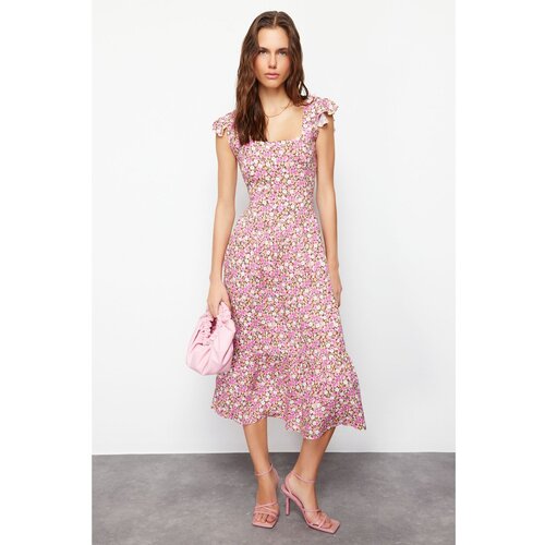 Trendyol Lilac Patterned Viscose Square Collar Woven Dress Slike