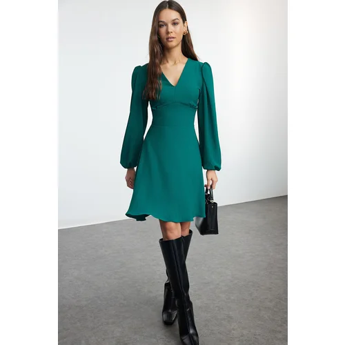 Trendyol Green A-Line Balloon Sleeve Detailed V-Neck Mini Woven Dress