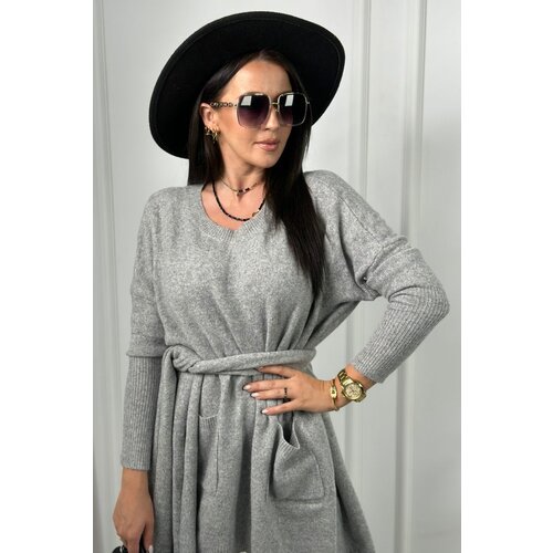 Kesi Sweater with pockets and ties at the waist gray color Cene