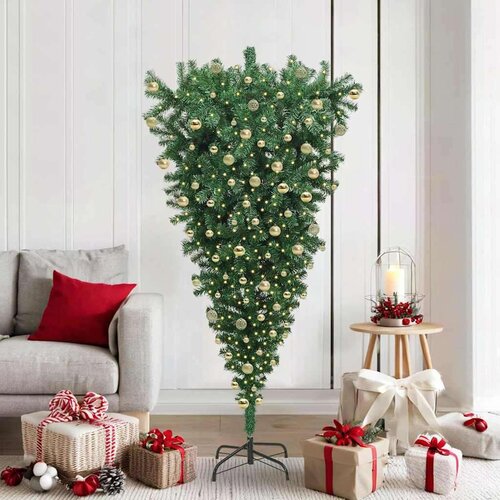 vidaXL Obrnuta umjetna božićna jelka s kuglicama Zelena 180 cm PVC Cene