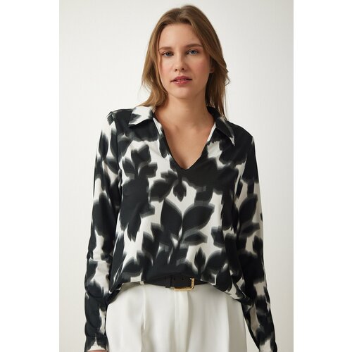 Women's Black and White Polo Neck Patterned Knitted Blouse Slike